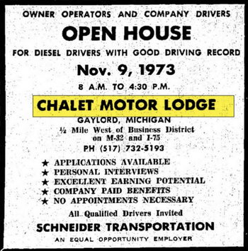 Chalet Motor Lodge & Restaurant - November 1973 Ad (newer photo)